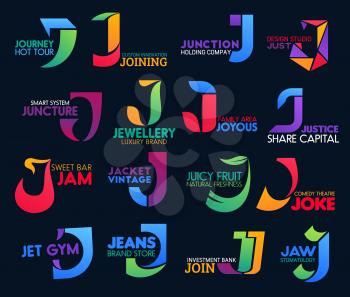 J icons corporate identity, travel tourism agency or comedy theater and gym club. Vector letter J symbols, business investment bank, dental clinic or luxury jewelry brand and holding company