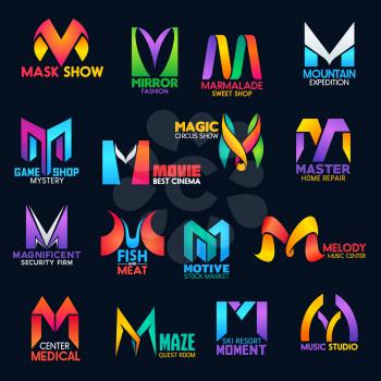 Corporate identity M vector icons of home repair service, movie cinema or circus show and security firm. Business tock market company, ski resort or fish and meat restaurant or medical center M signs