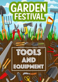 Gardening, planting or farming agriculture tools and equipment. Vector garden festival poster of gardener rakes, tree secateurs or farmer spade and agronomy inventory