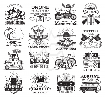 Hobby, entertainment and leisure vector icons. Snowboarding sport and drone, motorbike and scuba diving, hookah and vape shop, roller skates and tattoo salon, gyro scooter and bicycle, mobile service