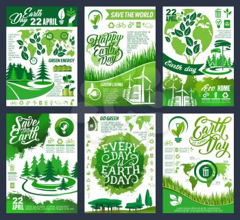 Earth Day eco banner of Save Planet and Go Green concept. Ecology and environment protection, recycling and nature conservation poster with green tree, leaf and globe, world map and eco symbol