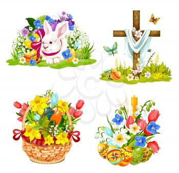 Easter symbols for Christianity holiday greeting cards. Vector cartoon icons of paschal eggs, Christ crucifixion cross and bunny with flowers in wicker basket for Holy Sunday celebration design