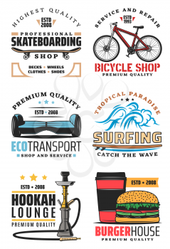 Bicycle and skateboarding or hoverboard sport and repair shop. Summer surfing sport club, fast food burger house cafe and hookah lounge bar, eco transport vector icons
