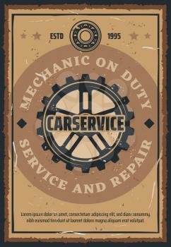 Car repair and vehicle service retro poster, mechanic workshop or garage. Old autor engine parts and spares with mechanic gear and ball bearing. Vector vintage style