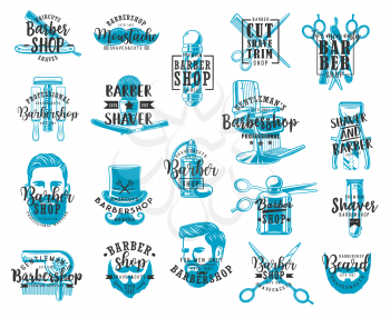 Barbershop lettering icons, mustaches and beard shaving salon signs. Vector calligraphy lettering, gentlemen baber shop or hipster hairdresser pole, razor scissors and trimmer or barbershop clipper