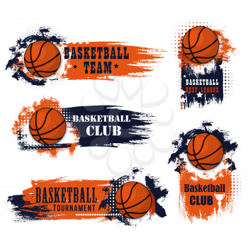 Basketball club icons for college league championship or university players tournament match. Vector symbols of basketball ball for goal with stars and cup on grunge orange