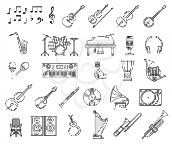 Music thin line icons of musical instruments and sound equipment vector design. Microphone, piano and guitar, saxophone, drums and loudspeakers, musical notes, treble clef, headphones, vinyl player