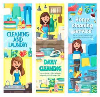 House cleaning service and housework vector design of cleaning, laundry, cooking and washing dishes. Housewife, professional cleaner or maid doing household chores with broom, brush and gloves