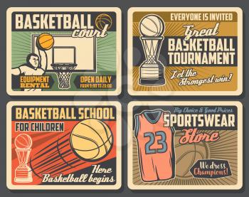 Basketball retro adverts of sport club, sportswear shop, school and court. Vector. Player throwing ball, trophy on sporting tournament, team game. Activity and hobby, t-shirt and equipment
