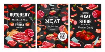 Meat and sausages, butchery food and cutlery. Vector pork and beef, lamb and veal, poultry and seasonings. Bacon and tenderloin, raw fillet and steaks, chicken and vegetables, mutton and beefsteak