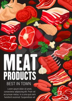 Meat food with herbs and spices vector design. Sausages, beef steaks and pork ribs, chicken, ham and salami, turkey leg, bbq burger patty and lamb, parsley, garlic and pepper, butcher shop menu