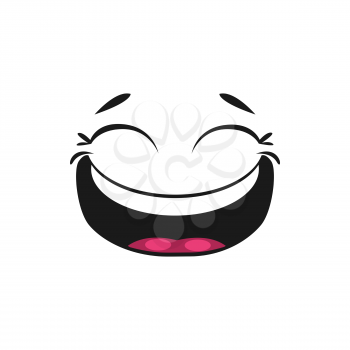 Laughing smiley with broad open mouth and winked eyes of joy. Vector happy smiling emoji, giggling emoticon in good mood. Satisfied avatar expression, comic man head with blinked eyes, funny joke sign