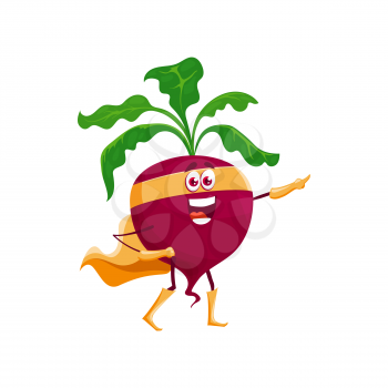 Cartoon beetroot super hero character isolated vector icon. Funny fairytale vegetable in cape and mask, healthy food, vitamin superhero personage in cloak
