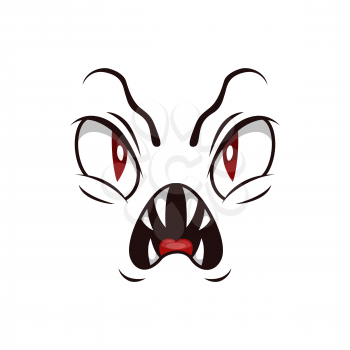 Monster face isolated vector icon, cartoon emoji of angry demon, Halloween spooky creature emotion. Roaring devil with sharp fangs and red creepy eyes isolated on white background