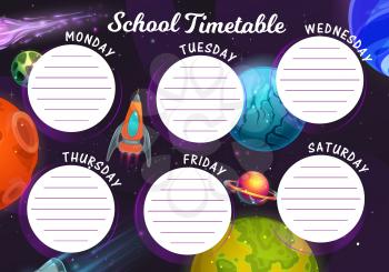 Timetable schedule with galaxy and spaceship. Vector education school weekly planner with cartoon fantasy planets and ufo in starry sky. Kids time table for lessons with alien planets, cosmic rockets