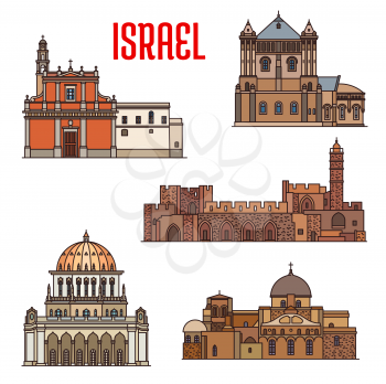 Israel landmarks architecture, travel sightseeing of Jaffa and Haifa, vector. Israeli Jewish and Islamic landmarks Holy Sepulchre Church, Bahai temple or Bab shrine and St Peter cathedral in Tel Aviv