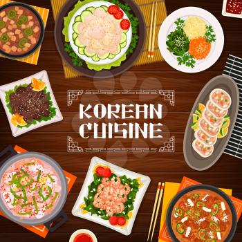 Korean cuisine food restaurant banner. Scallop salad and vegetable stuffed squid, grilled beef bulgogi and fried shrimp with spinach, seafood, pork tofu and kimchi soup vector. Korean food meals