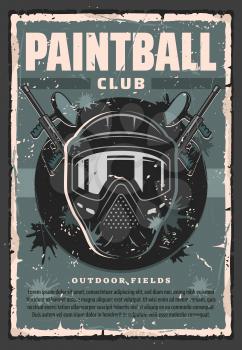 Paintball player guns and mask vector design of competitive team shooting sport. Paintball markers and protective helmet or goggles grunge poster with splatters of paint balls. Sporting club promotion