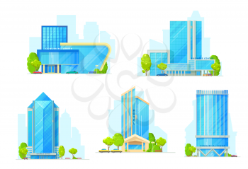 Hotel, business center and office building vector icons. Modern city houses, urban town homes, downtown skyscrapers with tall towers, glass facades and entrances. Commercial real estate design