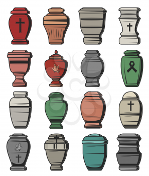 Cremation urns isolated icons, funeral service and burial ceremony organization agency symbols. Vector funeral columbarium urn for ashes with Christian crucifix cross, RIP black ribbon and dove bird