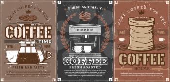 Coffee shop and coffeehouse drinks. Vector coffee maker machine, beans in bag, latte steam in takeaway mug and portafilter pot with crown. Vintage style vector posters