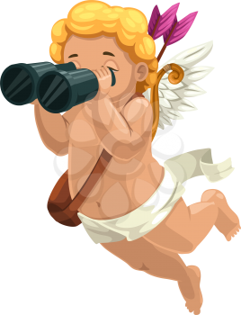 Amur winged boy in diaper isolated Cupid. Vector outline Eros with binoculars searching lovers