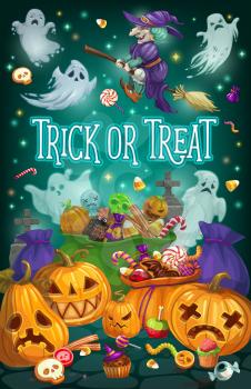 Halloween ghosts, witch and pumpkins vector design with autumn holiday trick or treat candies, lantern and cemetery gravestones. Horror night party invitation or greeting card