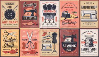 Tailor shop, dressmaking atelier and sewing workshop, vector retro posters. Dressmaker seamstress salon, custom tailoring art craft and clothing repair and alternation, premium handmade sewing service