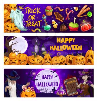 Halloween pumpkins, trick or treat sweets and spooky ghosts vector banners. Horror night bats, witch and moon, graveyard, candies and lantern, haunted house, wizard, potion, Halloween party invitation