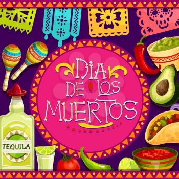 Day of Dead symbols round frame, Dia de los Muertos Mexican traditional holiday food and drinks. Vector border of ornamental flags, maracas and tequila bottle, mashed avocado in bowl, burritos
