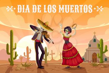 Day of the Dead mexican holiday dancing skeletons in sombrero. Dia de los Muertos religion festival skull and Catrina playing violin and tambourin on cemetery with church and cactuses. Vector design