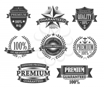 Premium quality icons, product badges and guarantee labels. Vector monochrome engraving signs, quality certificates and 100 percent genuine product shields with premium stars, award ribbons and laurel