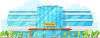 Exterior view of soccer football stadium isolated building with glass facade. Vector sport complex architecture