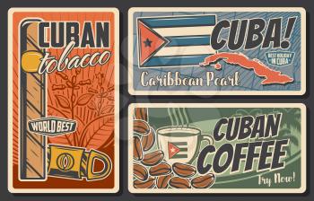 Cuba travel vector retro posters set. Cuban tobacco and guillotine cigar cutter, coffee cup and beans, national flag and silhouette map of Cuba. Tourism and traveling vintage cards