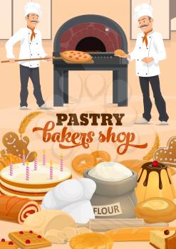 Bakers baking bread and pizza at bakery or pastry shop vector design. Baguette, croissant and cake, gingerbread, waffle and pretzel, cheesecake, wheat flour bag and dough, shovel and wood fired oven