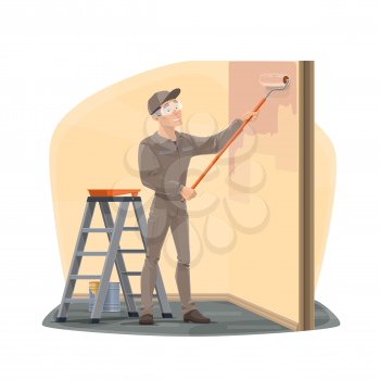 House painter or home decorator profession vector icon. Man painting wall with paint roller, bucket and ladder, uniform overalls and glasses. Workman or handyman, painting service and interior design