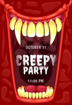 Halloween horror party invitation with vampire mouth vector frame. Open jaws of creepy dracula monster, scary demon or devil with bloody red lips, sharp teeth, fangs, Halloween holiday poster design