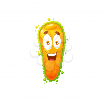 Cartoon virus cell vector icon, cute bacteria or germ character with funny face. Smiling pathogen microbe monster with big eyes and teeth, isolated yellow infusoria slipper