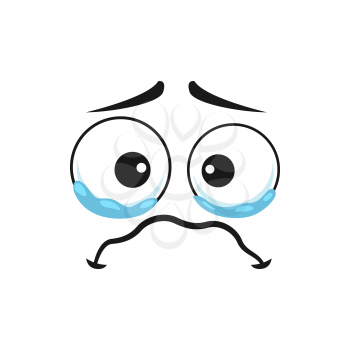 Crying emoji in bad mood isolated emoticon icon. Vector character face in bad mood, weeping emoticon, emoticon in sorrow, tears on face. Lonely feeling, grief and depression, dissatisfied smiley