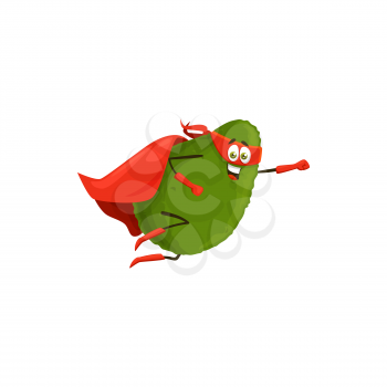 Cartoon avocado superhero isolated vector icon. Vegetable super hero personage in cape and mask flying with raised arm, funny fairytale character, healthy food, vitamin