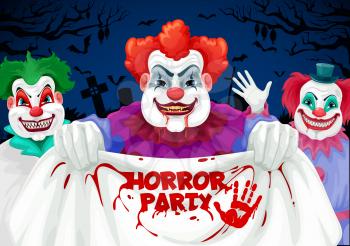 Halloween horror party vector invitation with scary clown characters. Spooky clown or joker circus monsters and zombies with creepy faces, vampire teeth and bloody smiles, bats and cemetery crosses