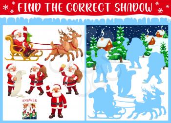 Christmas vector game or puzzle, find correct shadow of Santa Claus cartoon characters. Children education logic riddle, rebus or worksheet template on background with Xmas winter holiday village