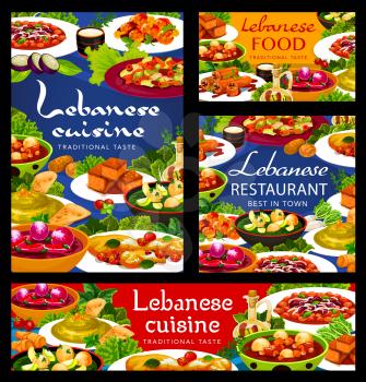 Lebanese cuisine and Arab food vector dishes of vegetable dumpling soups, hummus, meat bean stew. Halloumi cheese, lamb kofta meatballs and sfouf cake, stuffed zucchini and fattoush salad, menu cover