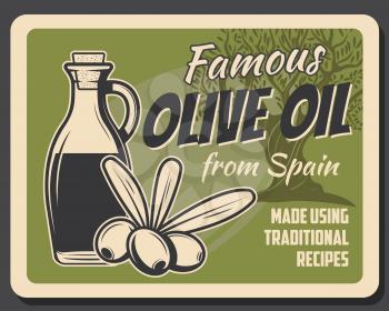 Extra virgin spanish olive oil bottle, tree and glass jar vector retro poster. Spain organic food products and quality traditional cooking recipe, green olives natural food