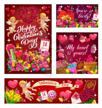 Valentines day greetings, my heart is yours and you are so lovely. Vector angel with wings, curled cupid and holiday of love symbols. Heart shape wreath of flowers, crystal ball, cupcakes and elixir
