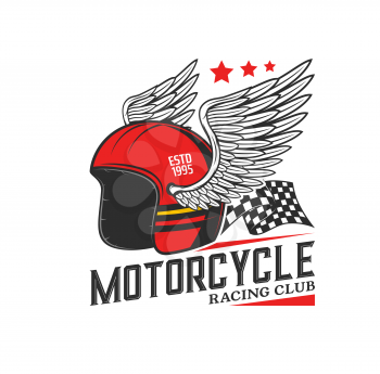 Racing helmet with wings icon. Motorcycle race, motocross or biker club, motorsport competition vintage emblem or vector icon with winged helmet, start and finish checkered flag