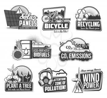Ecology environment and recycling eco energy vector icons. Green power, eco transport and bio fuel for planet nature conservation, CO2 emission and pollution warning sign, solar panels and wind power