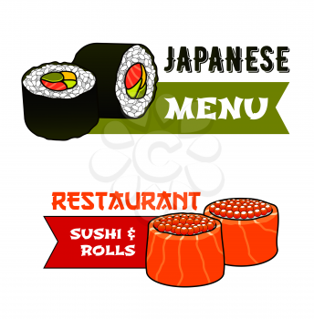 Sushi and rolls vector icons with Japanese cuisine restaurant food. Maki and uramaki sushi with salmon and tuna fish, rice, caviar and seaweed nori symbols, Asian seafood menu, sushi bar, bento cafe