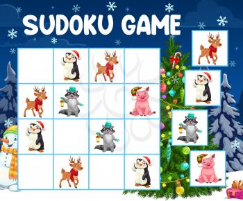 Sudoku game or puzzle with vector Christmas tree and animals. Logic mind game, puzzle, riddle or children education worksheet template with cartoon reindeer, pig and penguin, Christmas gifts, lights