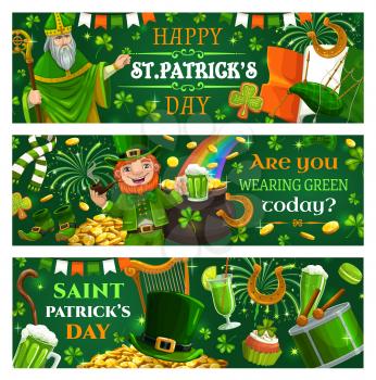 Leprechaun wearing green suit wishing happy St. Patricks day. Vector Irish spring holiday leaflets with Saint Patrick, lettering and fest symbols. Food and drinks, drum and stick, mug of beer